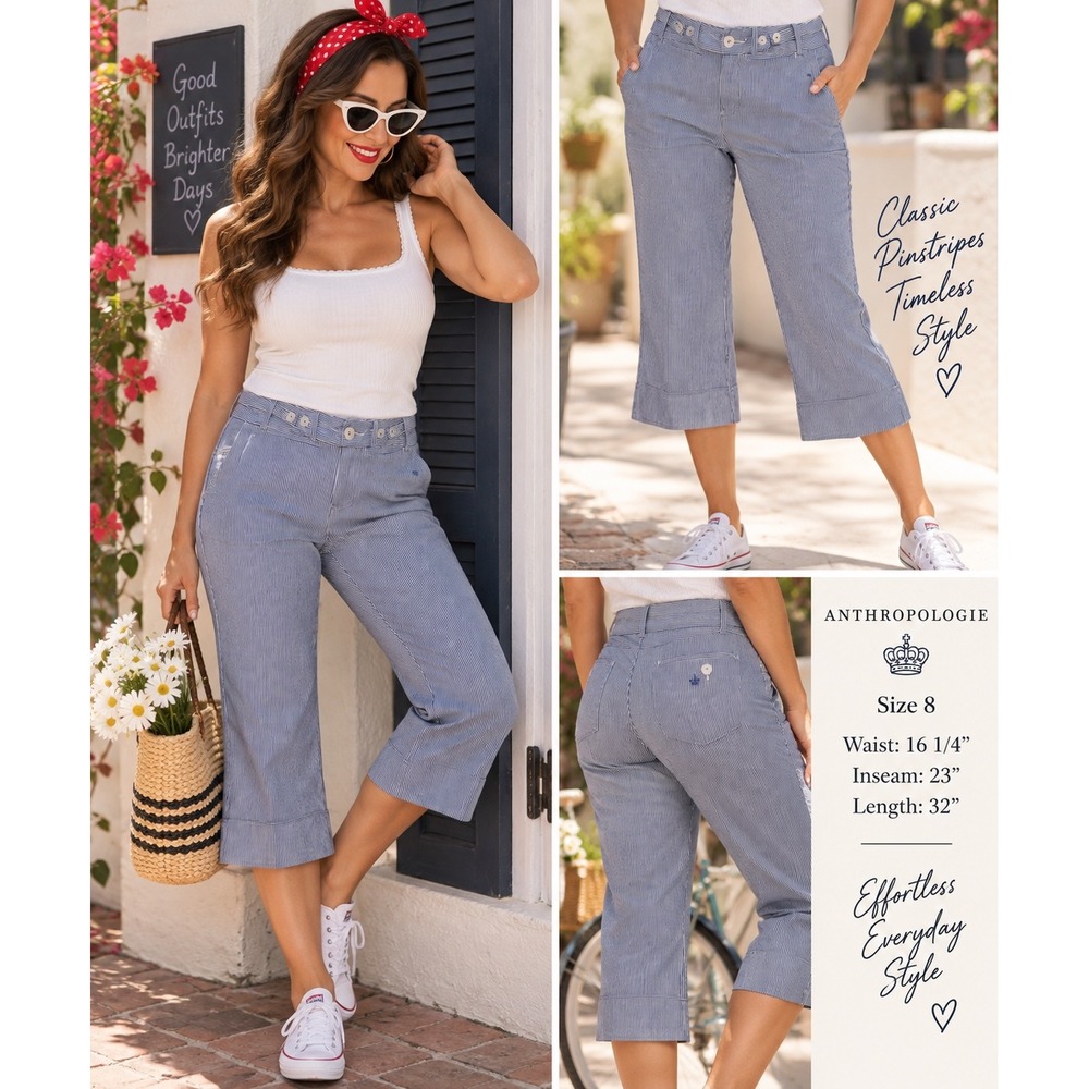 Anthropologie G1 Basic Goods Pinstripe Capri Pants Size 8 NWT Blue White Cropped